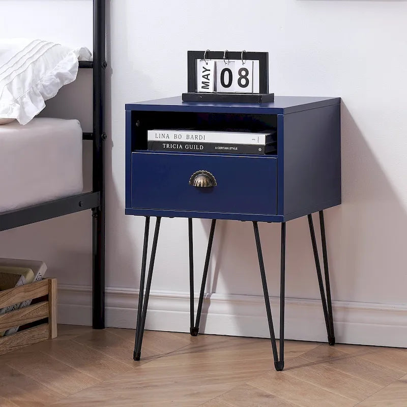 Nachttisch mit Haarnadelbeinen und 1 Schublade, Mitte des Jahrhunderts, Braun/Blau/Schwarz/Gelb