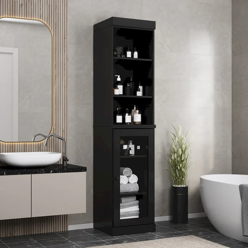 Badezimmerschrank aus 100 % Massivholz, 42 cm breit, mit Klarglastüren und verstellbaren Einlegeböden