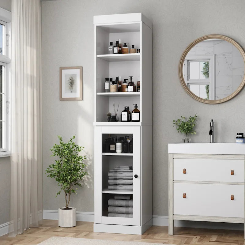 Badezimmerschrank aus 100 % Massivholz, 42 cm breit, mit Klarglastüren und verstellbaren Einlegeböden