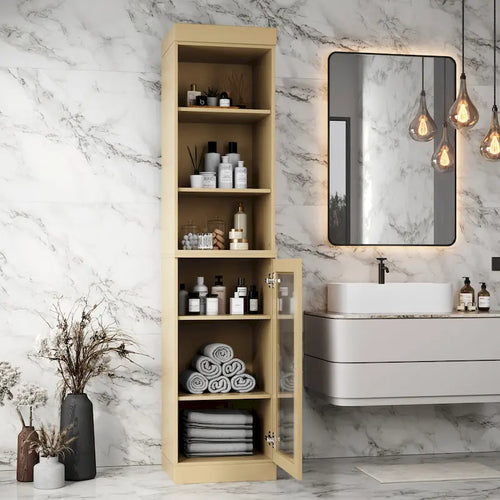 Badezimmerschrank aus 100 % Massivholz, 42 cm breit, mit Klarglastüren und verstellbaren Einlegeböden