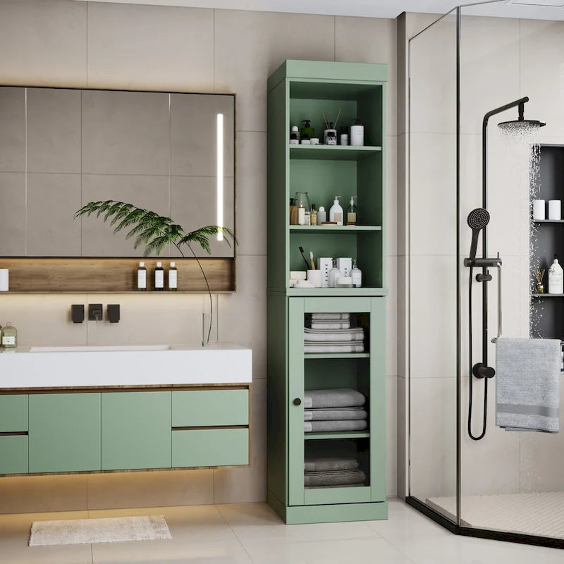 Badezimmerschrank aus 100 % Massivholz, 42 cm breit, mit Klarglastüren und verstellbaren Einlegeböden