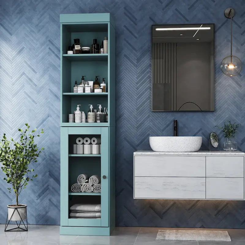 Badezimmerschrank aus 100 % Massivholz, 42 cm breit, mit Klarglastüren und verstellbaren Einlegeböden