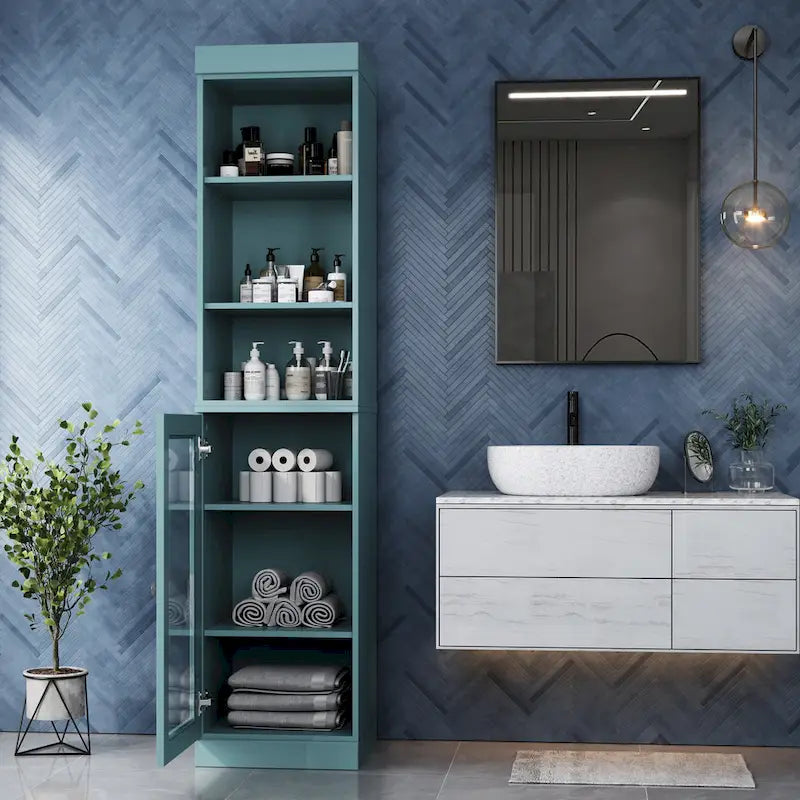 Badezimmerschrank aus 100 % Massivholz, 42 cm breit, mit Klarglastüren und verstellbaren Einlegeböden