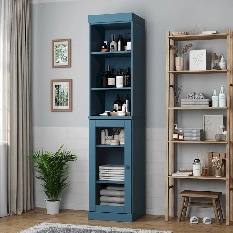 Badezimmerschrank aus 100 % Massivholz, 42 cm breit, mit Klarglastüren und verstellbaren Einlegeböden
