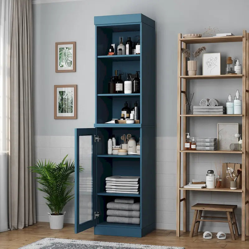 Badezimmerschrank aus 100 % Massivholz, 42 cm breit, mit Klarglastüren und verstellbaren Einlegeböden