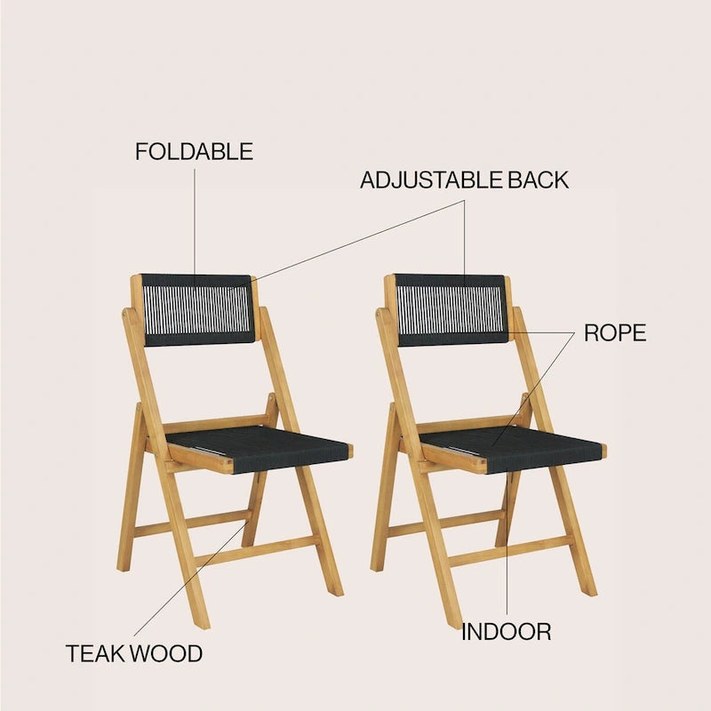 Küstliches modernes Holzklappstuhl-Set mit Seilakzenten, 2er-Set, Schwarz/Natur